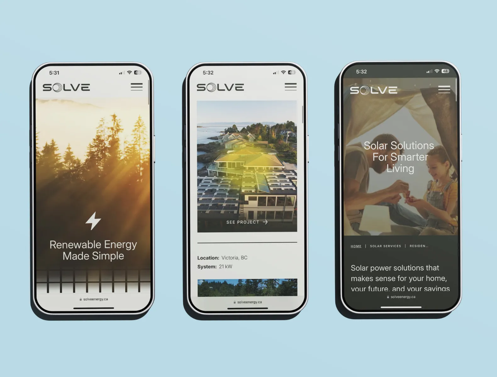 A mockup of 3 Solve Energy website phone screens on a sky blue background.