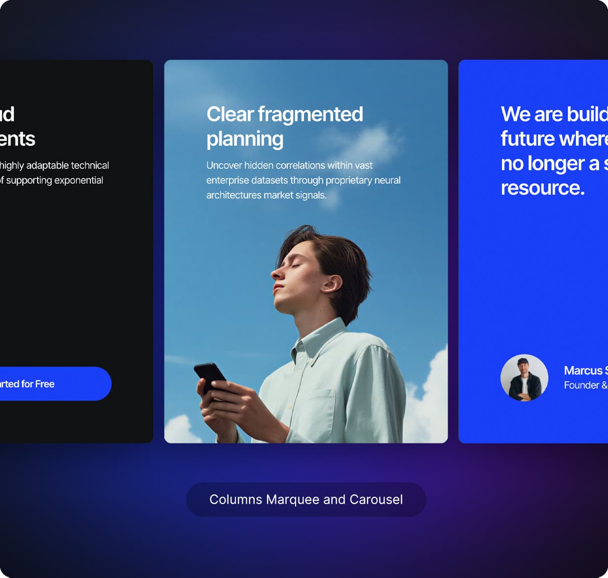 Three columns showcasing layout variations with text blocks, a profile photo, and a central portrait card.