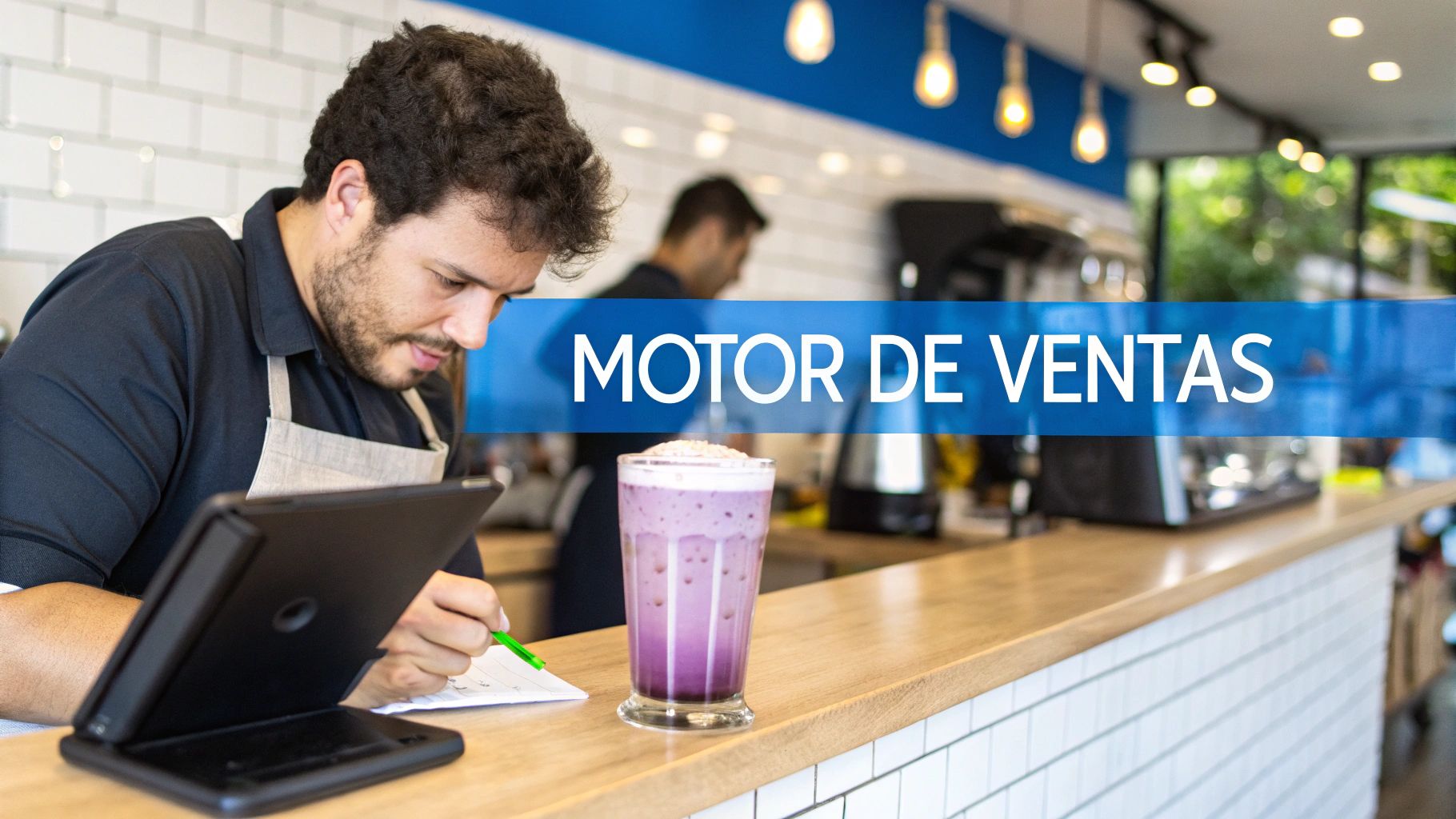 Barista tomando notas en un mostrador de cafetería con un batido morado y una tablet.