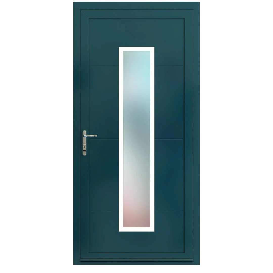A Smart Designer aluminium entrance door with a long vertical glazed panel and bar handle
