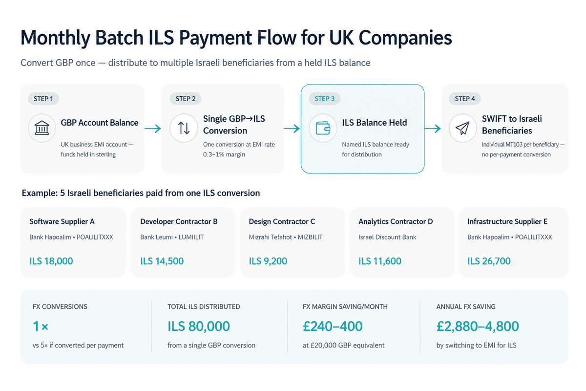 Flow diagram showing a single monthly GBP-to-ILS conversion funding one ILS balance