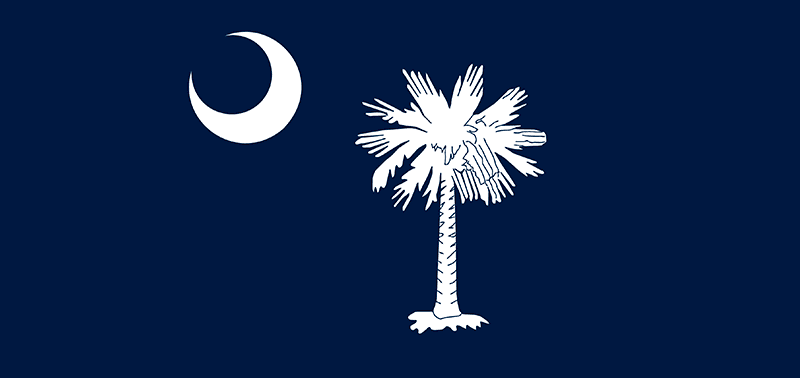 A navy blue flag displays a white crescent moon in the top left corner and a white palmetto tree centered, symbolizing South Carolina.