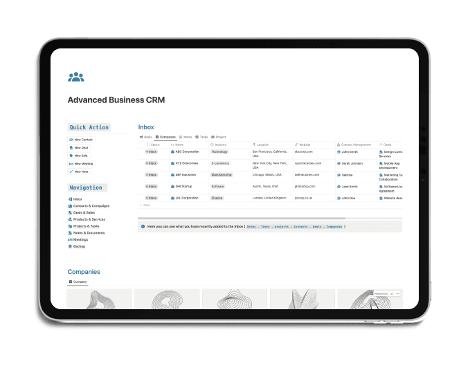 The Business CRM Notion Template is your all-in-one solution, designed to streamline your workflow and supercharge your sales. This template centralizes all your CRM needs in one easy-to-use Notion workspace, helping you manage contacts, companies, sales pipelines, and much more with ease.