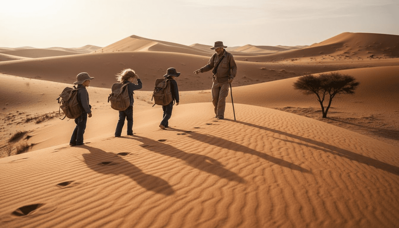 Una familia recorre las dunas de Namibia guiada por un experto local.