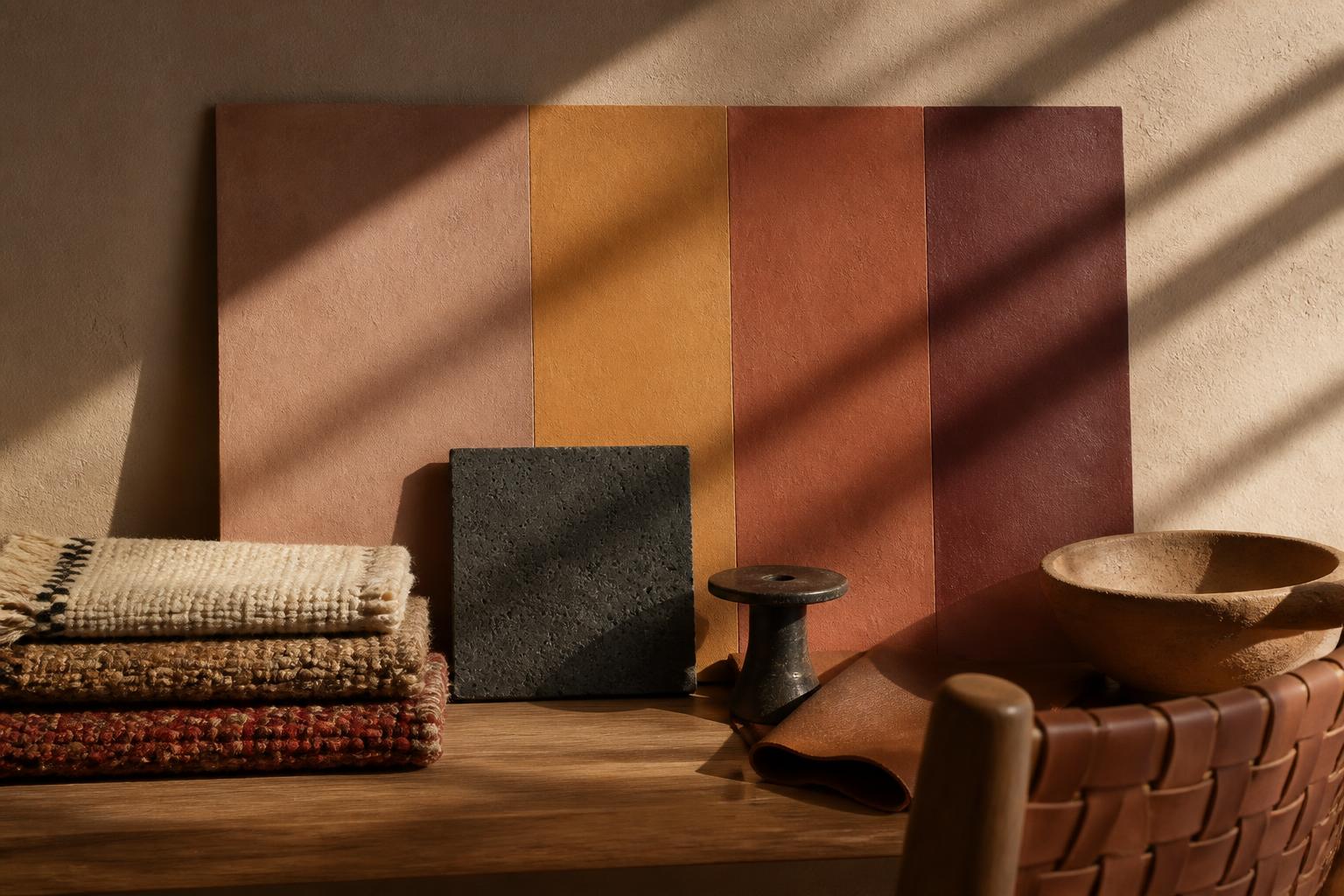 Warm earthy interior design materials display with terracotta wall panels, textured folded textiles, dark stone sample, ceramic bowl, and woven leather chair in natural sunlight.