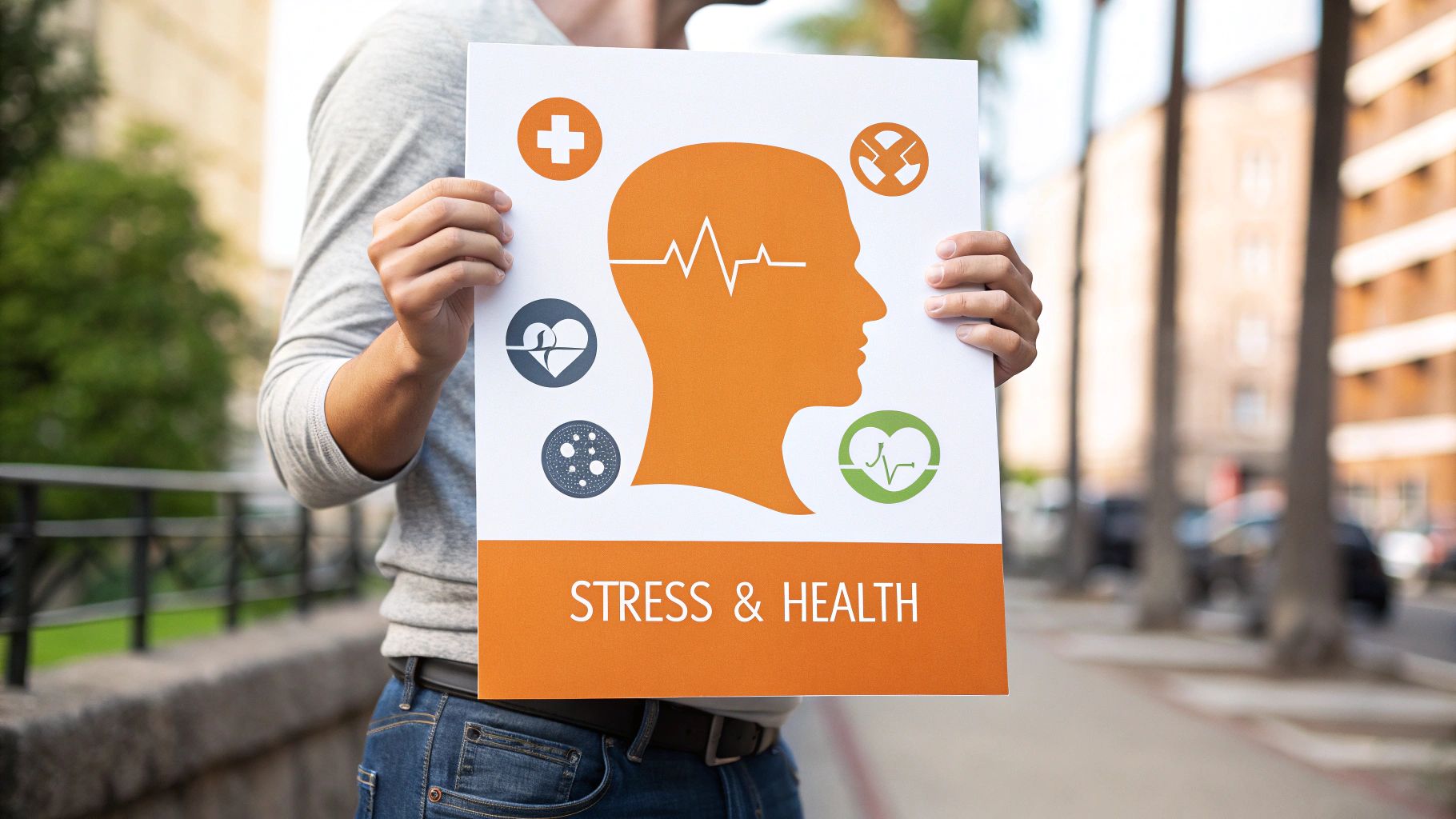 A person sitting calmly with their eyes closed, with a visual representation of chaotic lines transforming into smooth, calm waves around their head.