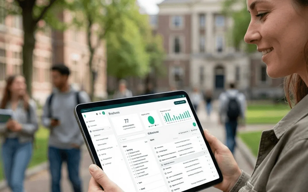 Glimlachende vrouw bekijkt het Hippocampus-dashboard op een tablet op de campus