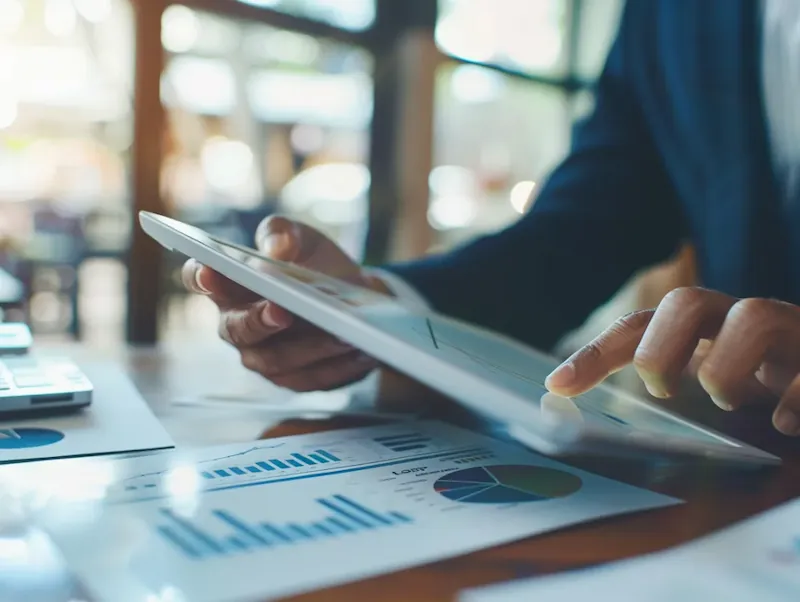 Picture of a financial consultatnt reviewing figures on an ipad in a meeting.