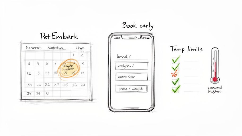 A sketch showing pet travel booking considerations: calendar, pet details form on a phone, and temperature limits checklist.