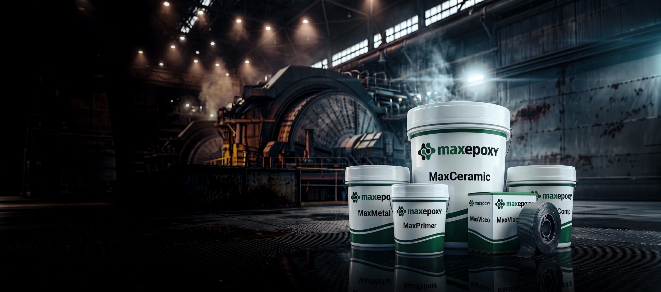 Tarros de productos Maxepoxy (MaxCeramic, MaxMetal, MaxPrimer, MaxVisco).