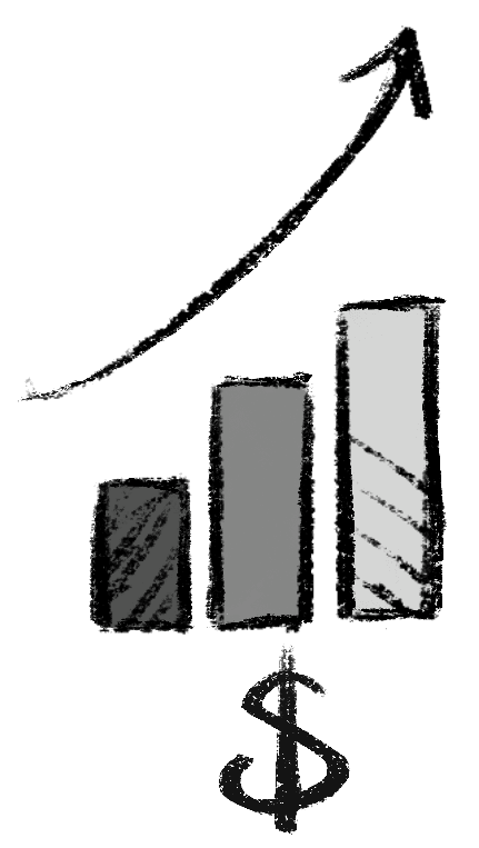An image of a black and white illustration of a bar graph with a dollar sign at the bottom and an arrow going upwards; the bars getting taller signify money increasing.