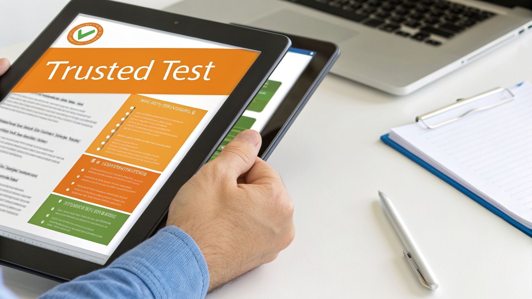 Person holding a tablet displaying an online test document with sections on a white desk.