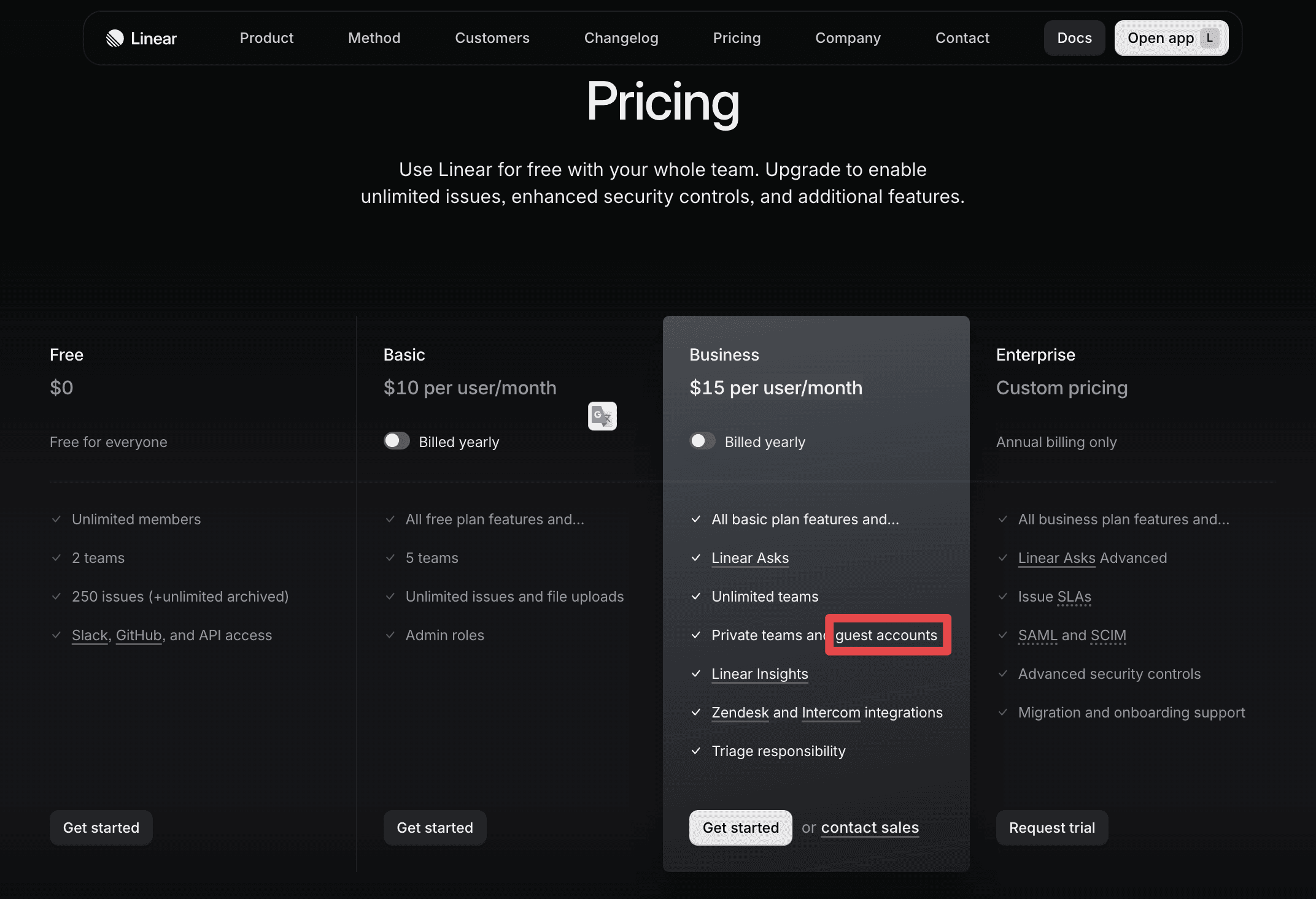 Linear pricing table