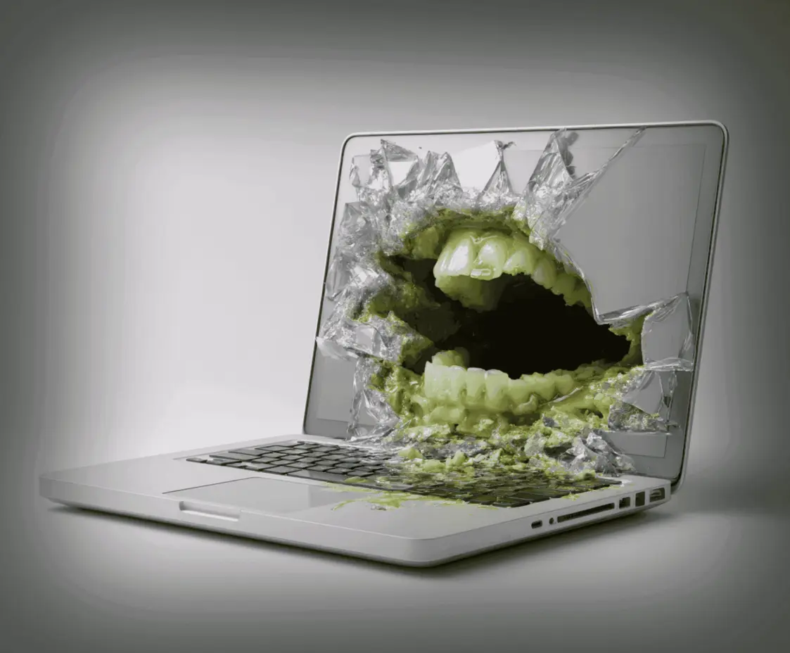3D laptop with a shattered screen and a green mouth bursting through, representing digital challenges and the insights shared on the Byte/Me Design blog.