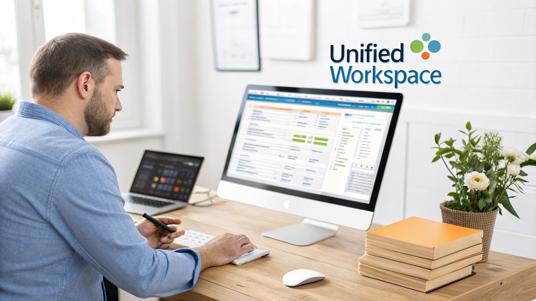 A man works at a desk, using computers with 'Unified Workspace' software, alongside a plant and books.