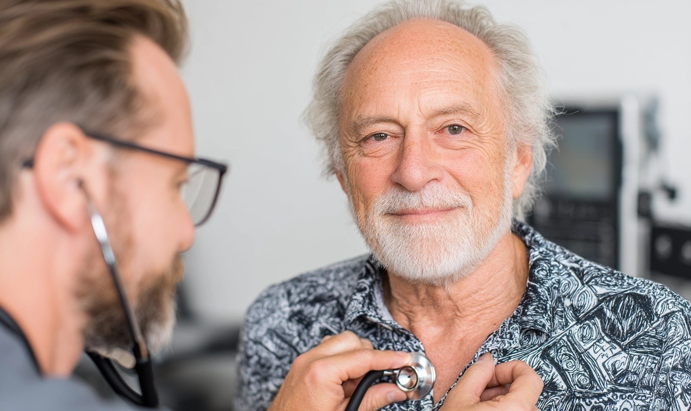 smiling man in doctor's office for heart check-up