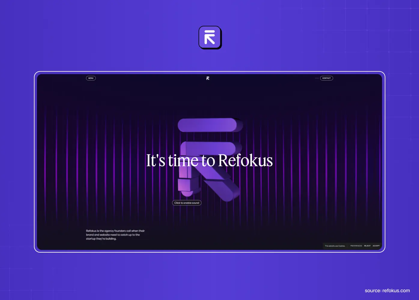 Refokus homepage screenshot showing the headline "It's time to Refokus" over a dark animated logo treatment with vertical light streaks.