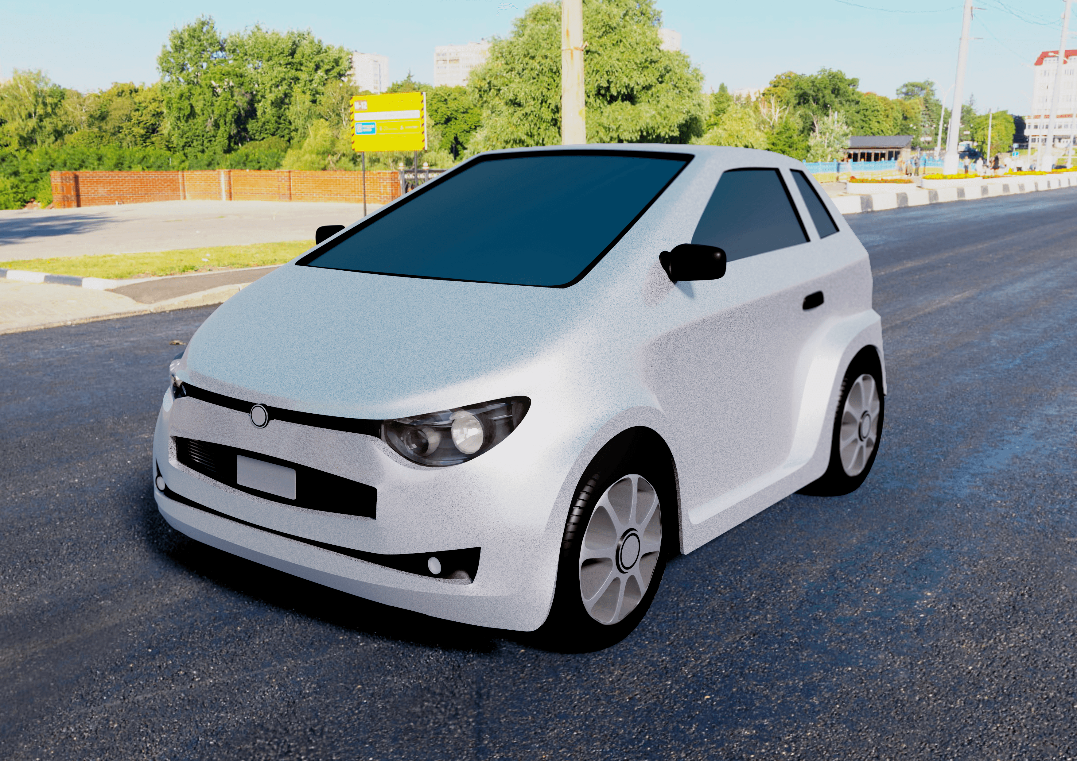 A white compact car rendered in 3D, seen from the front at three quarters, with dark glass and alloy wheels on a gray studio floor.