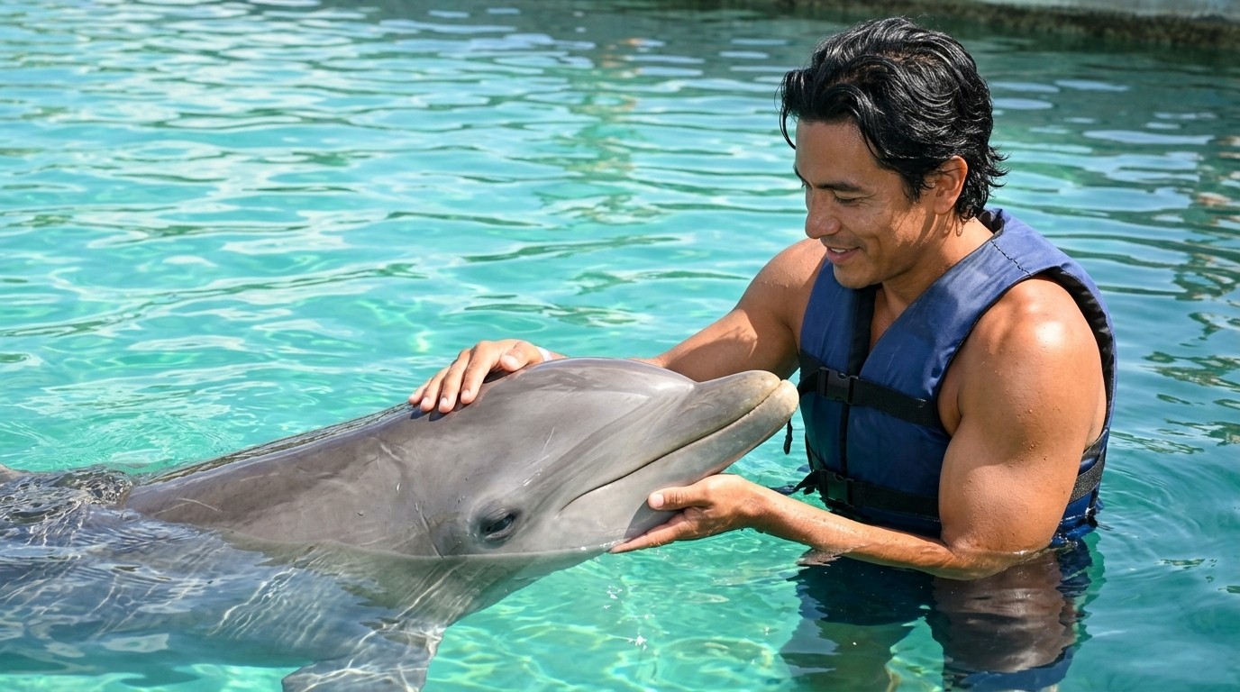 Smiling man in life vest pets a dolphin in clear water.