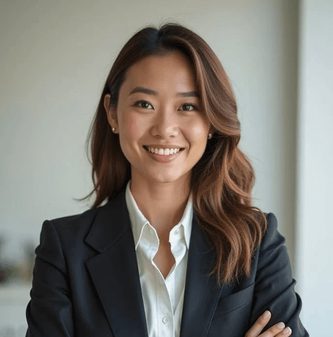 Smiling woman in a black blazer and white shirt stands confidently with arms crossed. Bright setting suggests professionalism and positivity.
