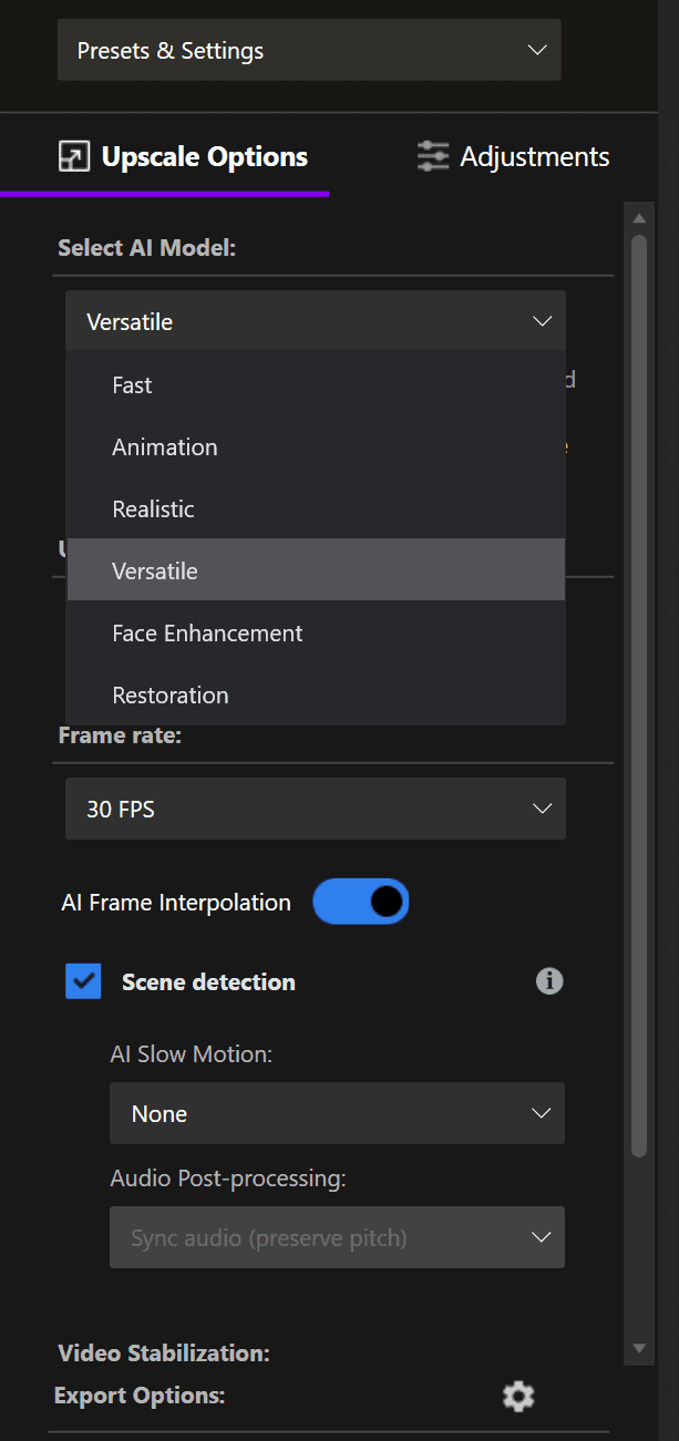 Nero AI video uspcaler screenshot of a tool menu