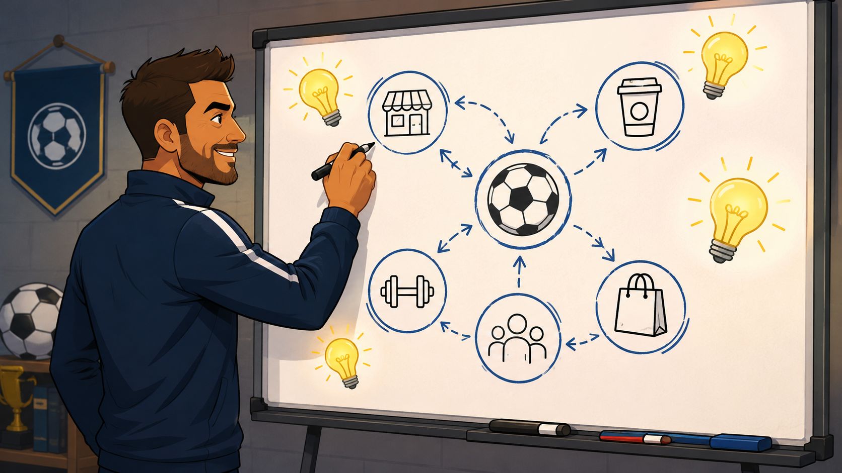 Entrenador de fútbol presentando un diagrama estratégico de negocios sobre una pizarra blanca en una oficina