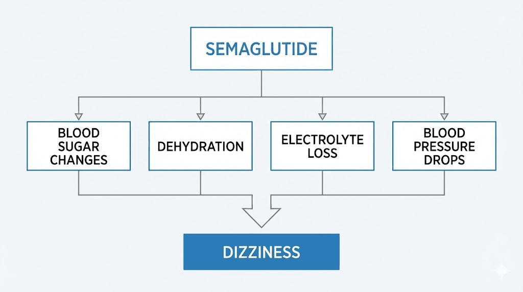 Semaglutide dizziness causes diagram showing blood sugar, dehydration, electrolytes, and blood pressure pathways