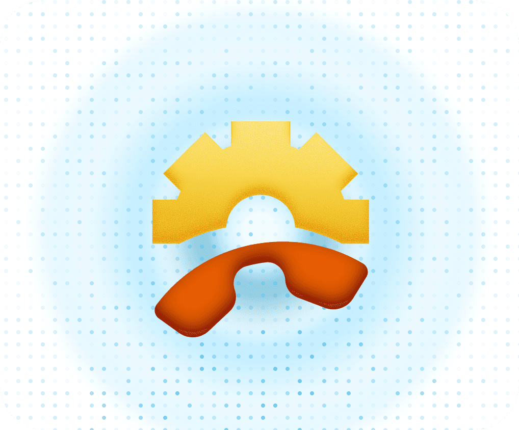 Abstract 3D icon featuring a yellow gear interlocking with an orange semi-circle, signifying settings, configuration, or technical support.