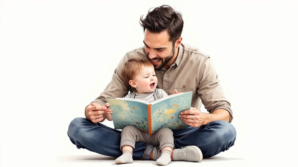 A smiling father reads a colorful storybook to his happy baby on a white background.