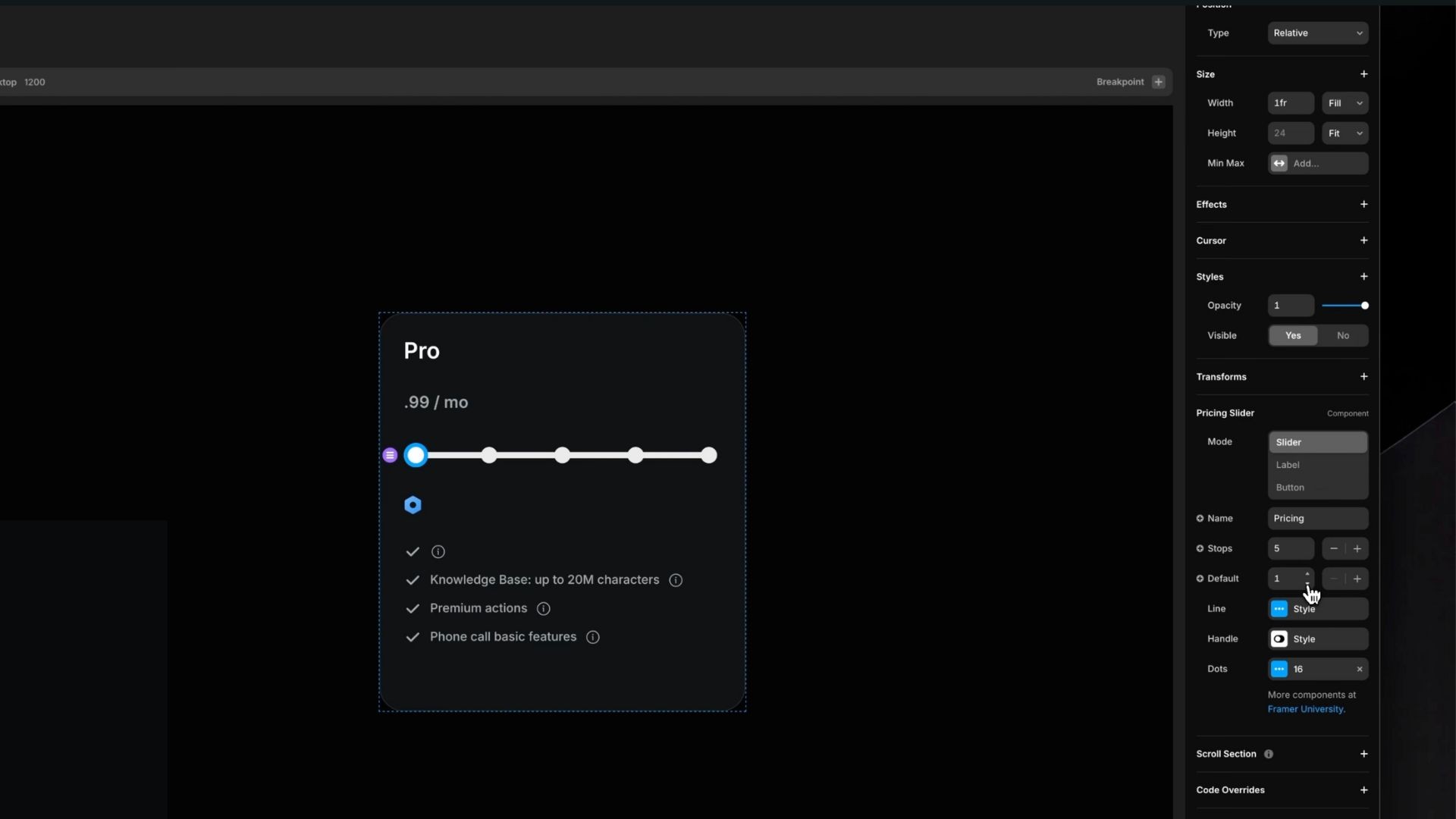 User interface in a design tool showing a 'Pro' pricing plan slider with options for subscription levels, detailed in a dark mode visual style