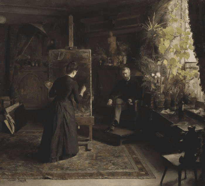 A historic art studio with a cloaked figure painting at an easel, surrounded by various artworks and objects.
