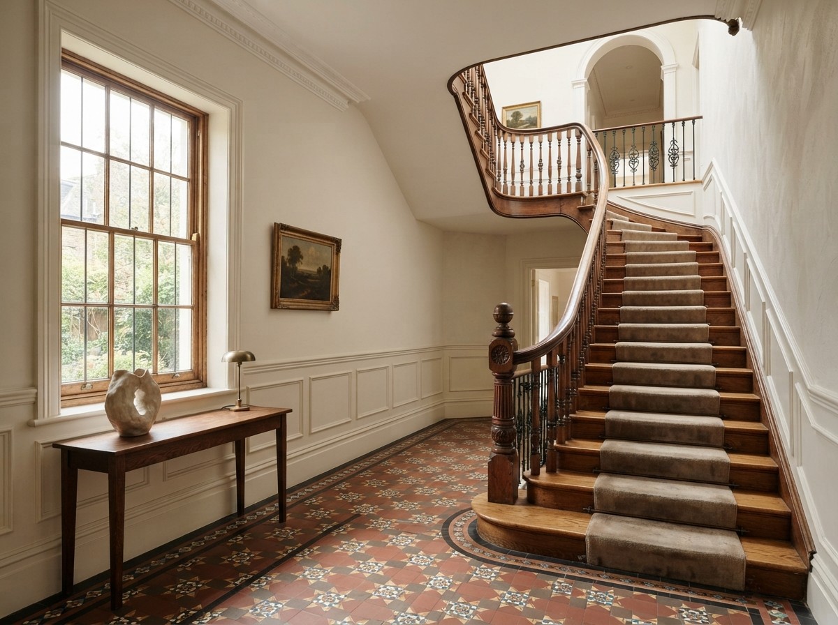 A restored staircase and tiled hall