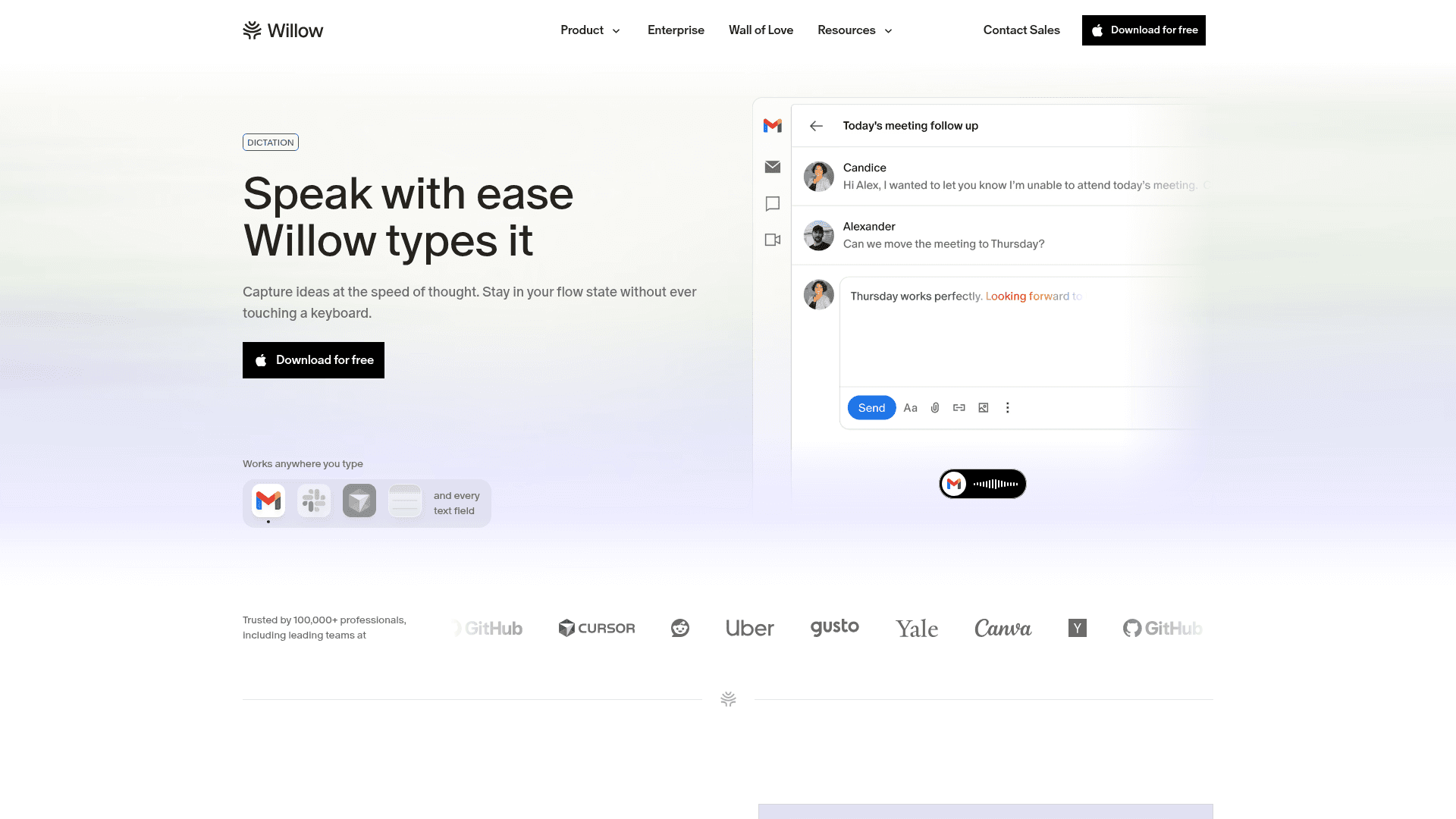 Screenshot of https://willowvoice.com/features/dictation