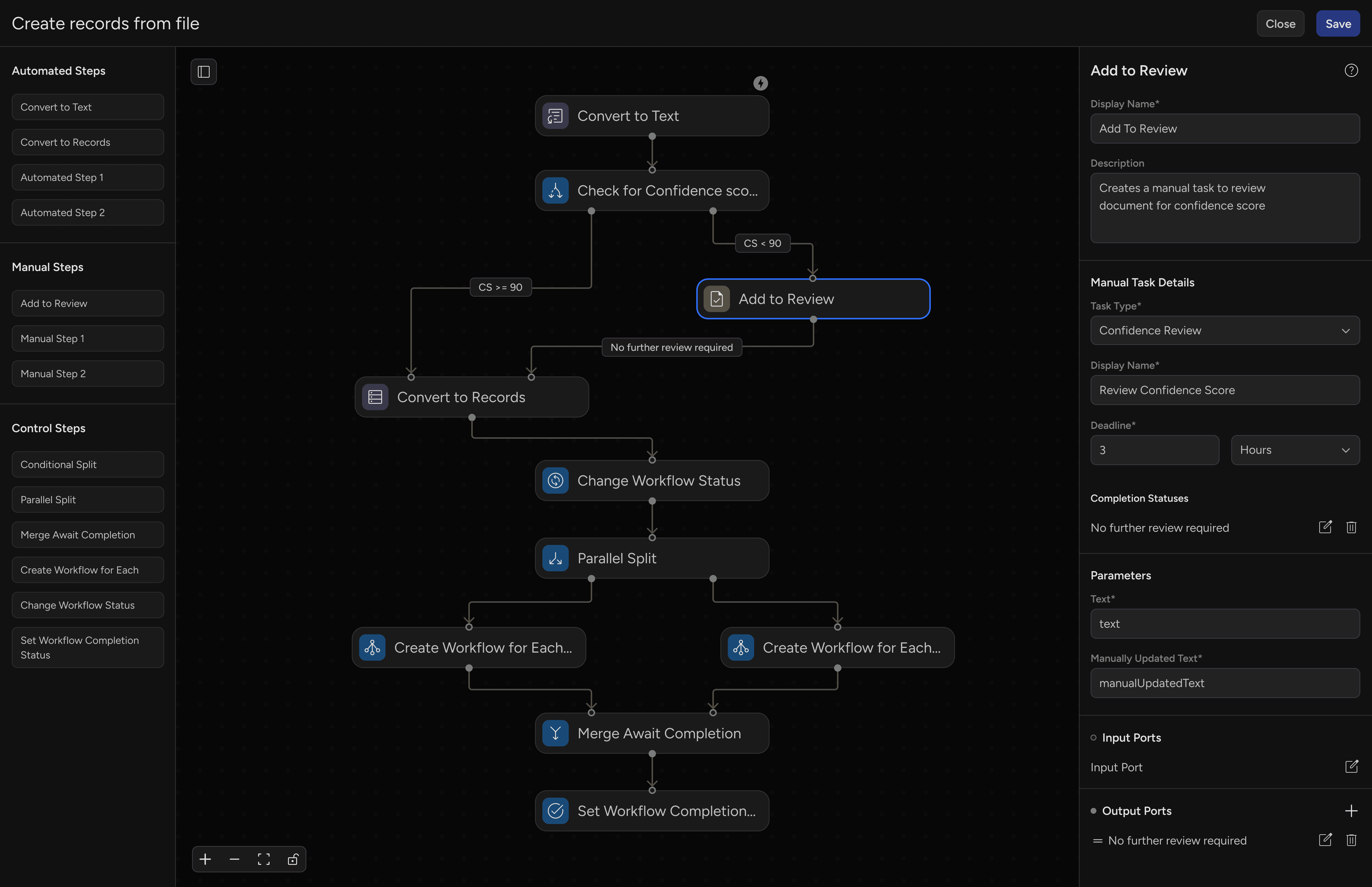 Workflow builder interface for automating record creation with manual review and conditional steps