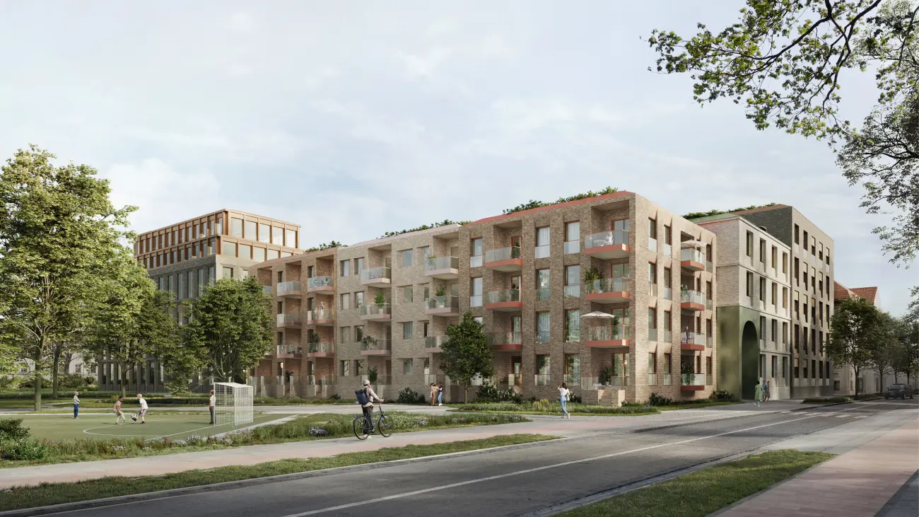 Isometrische Zeichnung eines Bauprojekts mit mehreren Gebäuden und markierten Strukturen in Rot