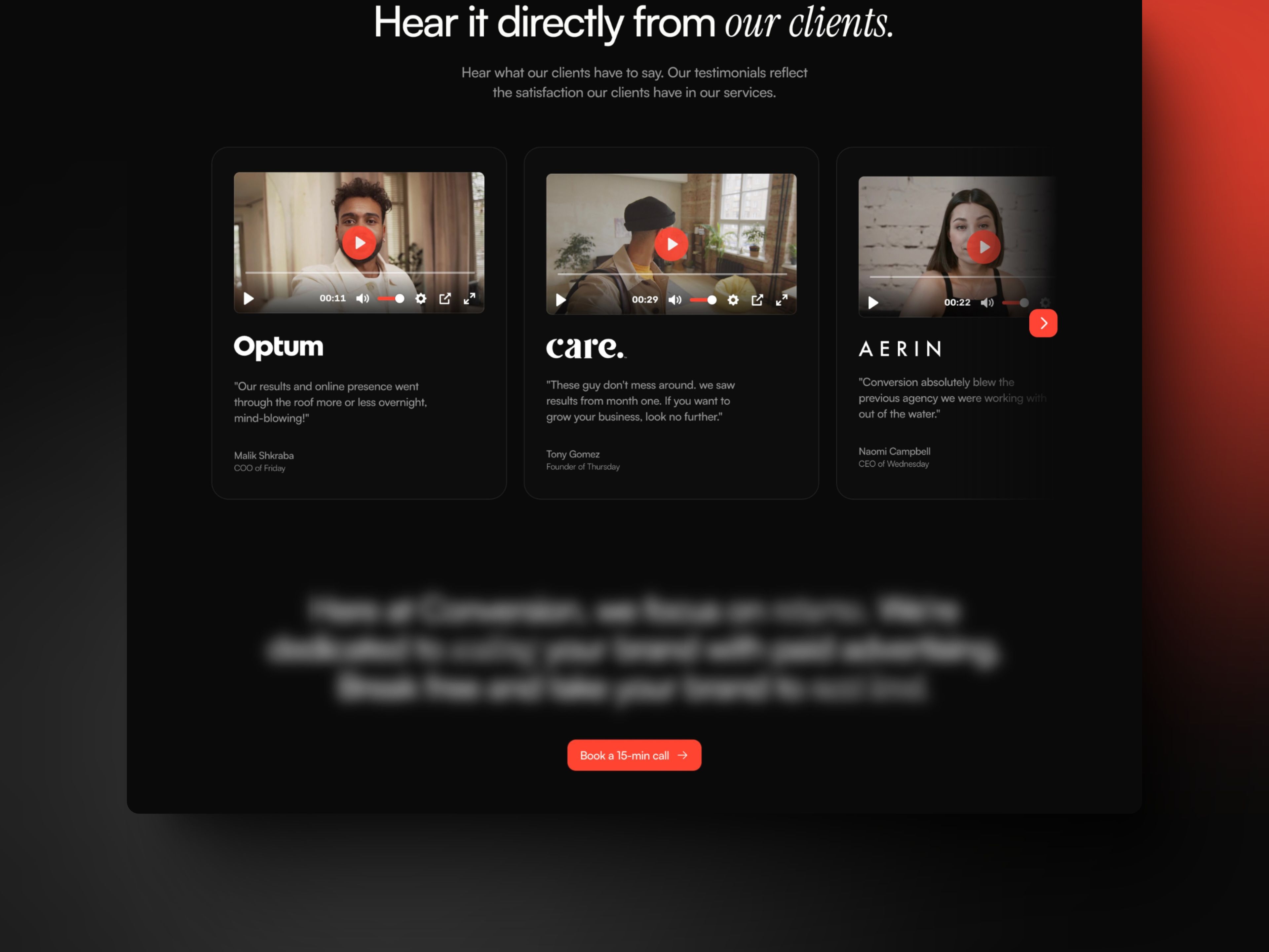 A promotional screen featuring three video thumbnails with titles and descriptions, inviting viewers to watch content.