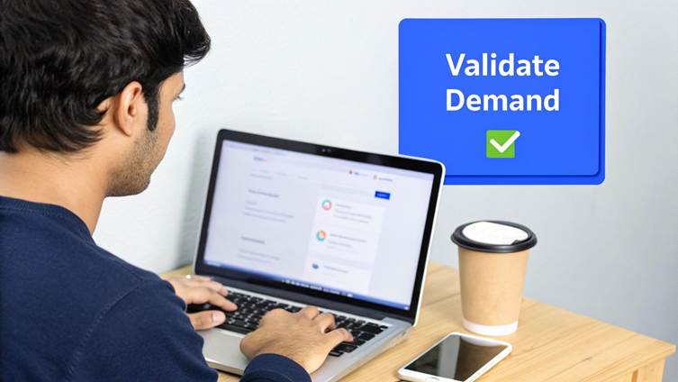 A man typing on a laptop, next to a coffee cup, with a 'Validate Demand' sign.
