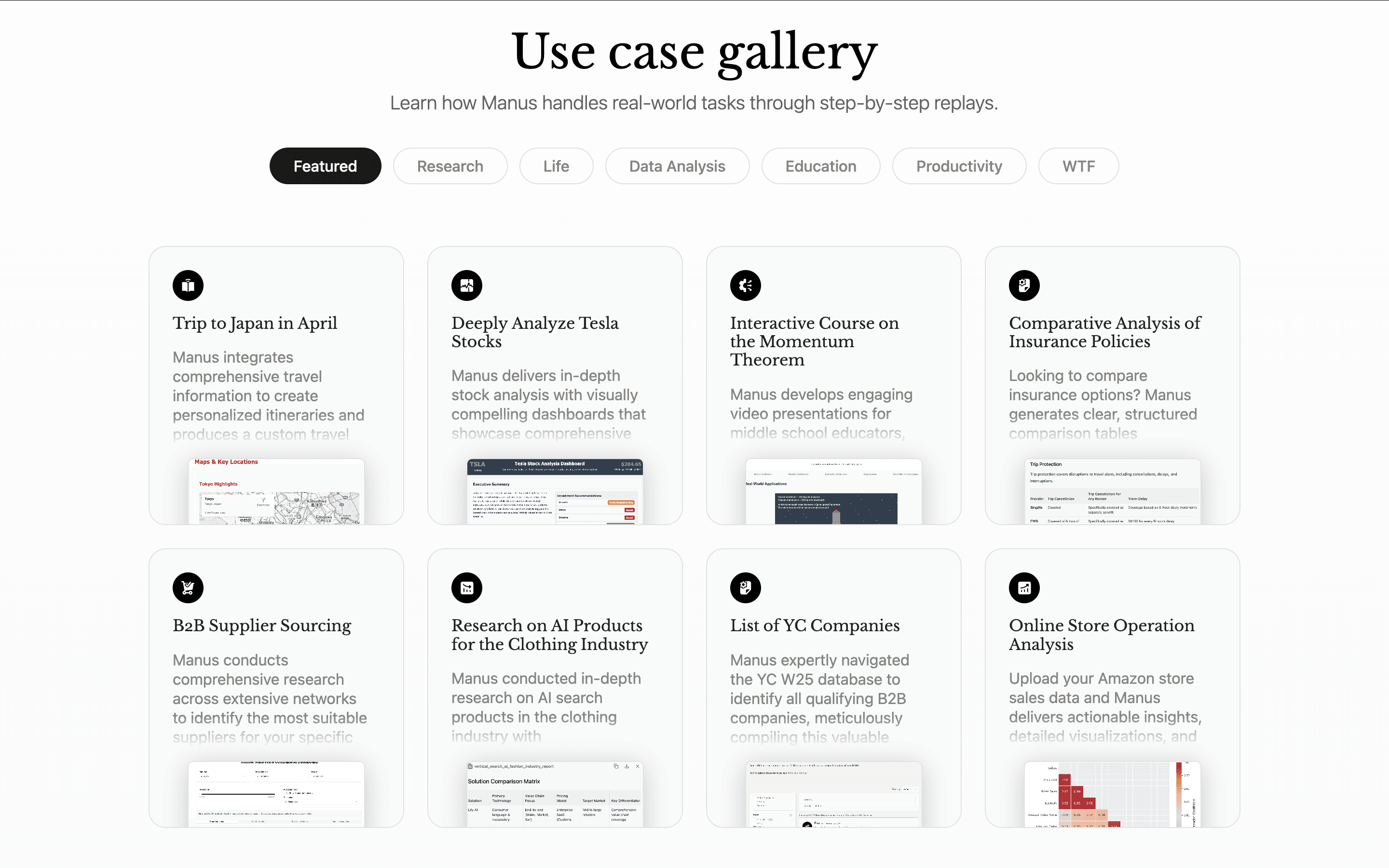 De use case gallery van Manus AI