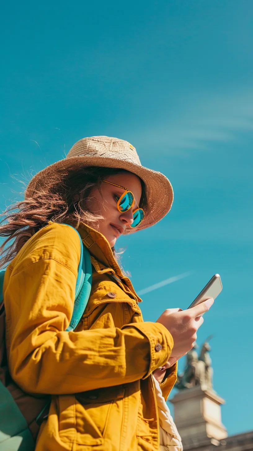 Traveler using eSIM-enabled smartphone in a scenic international location