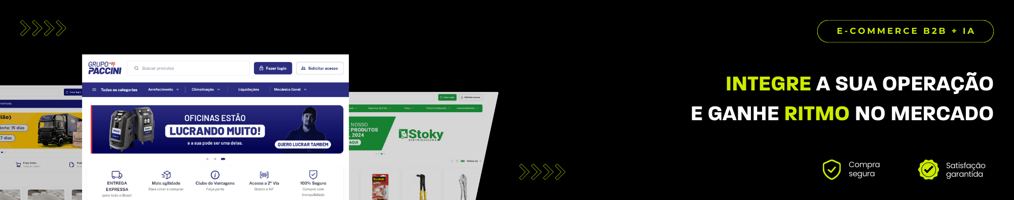 Banner horizontal com fundo escuro, ícones de segurança e satisfação, e imagens de lojas B2B exibidas à esquerda. Elementos gráficos em verde destacam o tema de e-commerce B2B com IA.