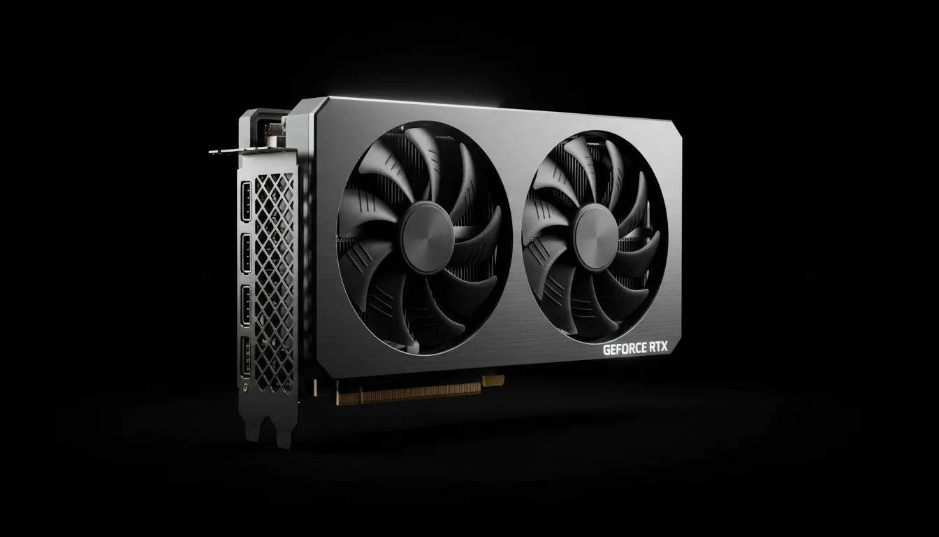 DSLR product photography of a high-end Nvidia GeForce RTX 4090 graphics card, angled in a three-quarter view against a solid black background. Soft studio lighting with cinematic contrast creates sharp, specular highlights on the edges, emphasizing the dark, textured metal casing and the visible cooling fan. The entire object is in razor-sharp focus, detailing the vertical heat sink fins and the sleek, industrial design.