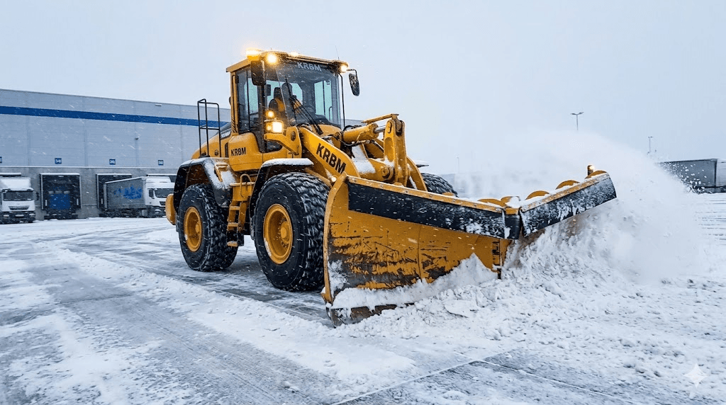 Ciężka ładowarka kołowa KRBM z hydraulicznym pługiem śnieżnym typu V usuwająca masowe opady i zbity lód z betonowego parkingu logistycznego, Poznań.