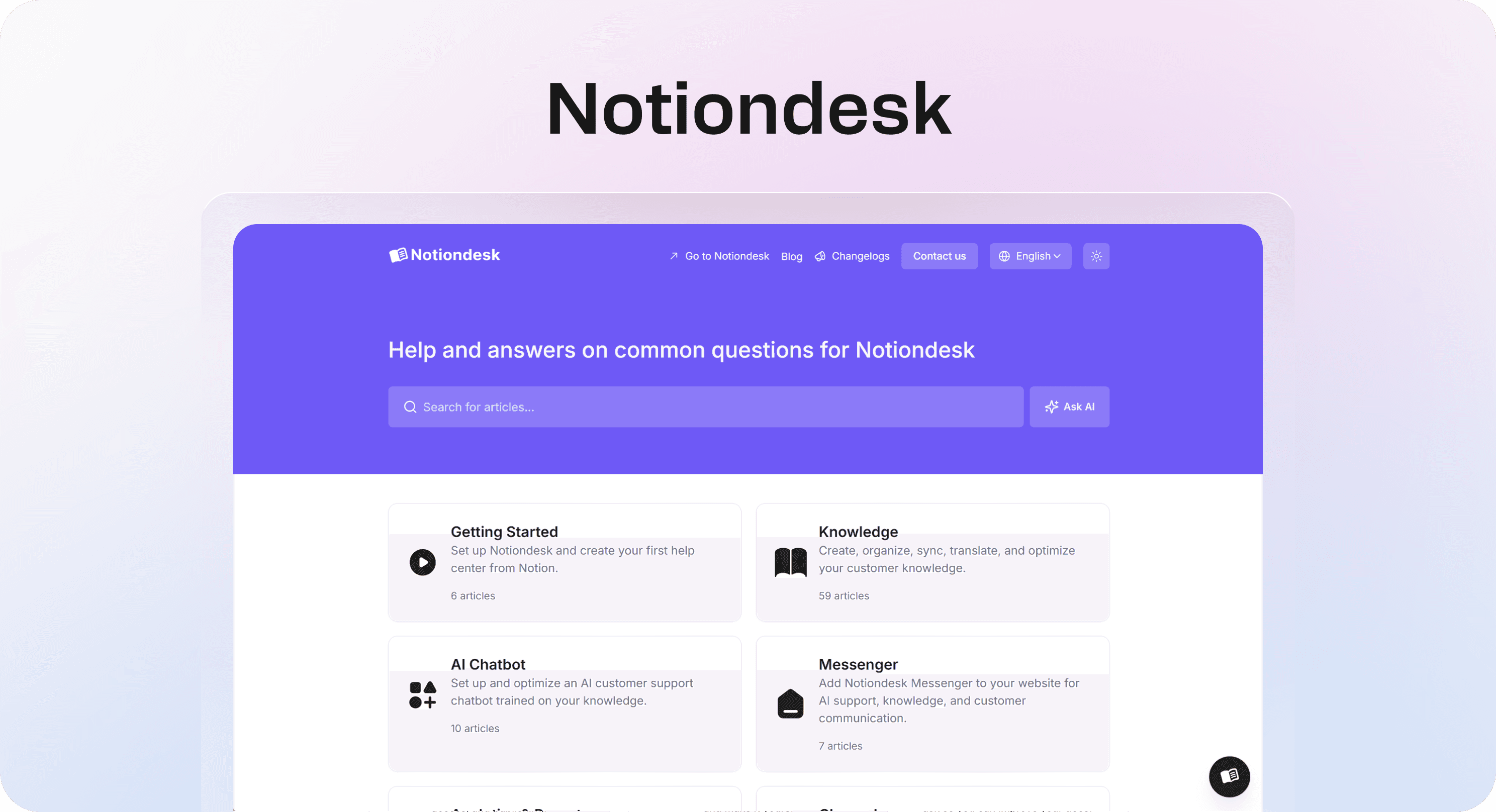 Notiondesk help center view showing a Notion-powered support site with search, collections, branded navigation, and AI or multilingual support cues.