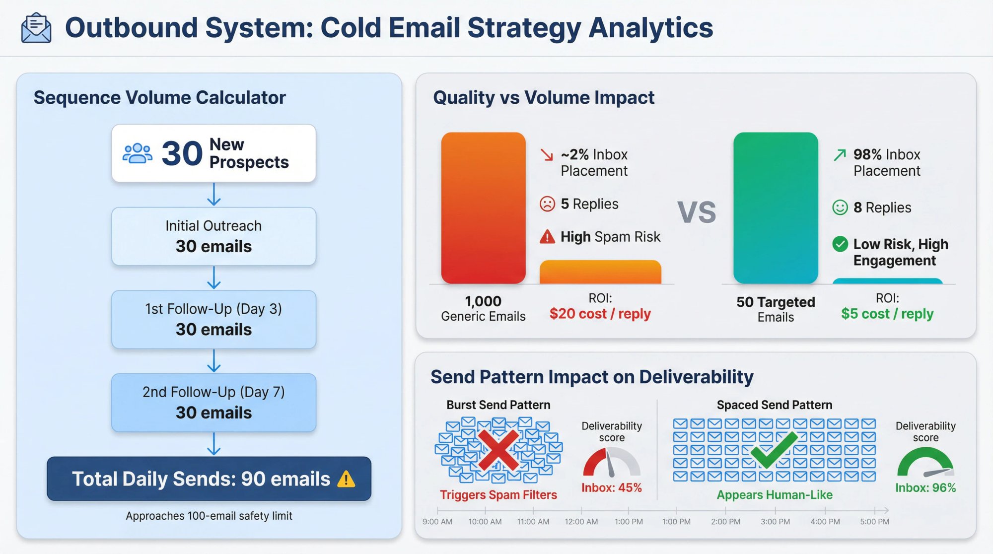 Dashboard showing cold email sequence multiplication and quality versus volume ROI comparison