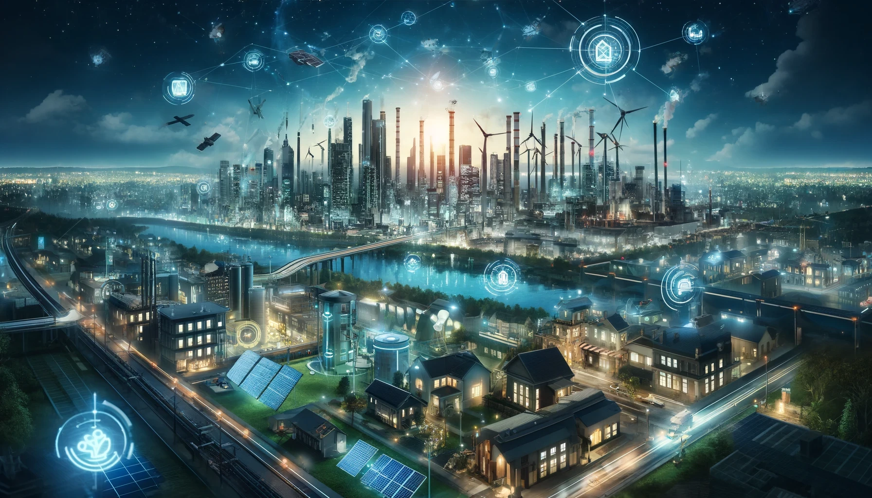 The image depicts a futuristic smart city that integrates advanced technology, sustainability, and connectivity. Key elements of the image include:  Cityscape: The background features a sprawling metropolis with numerous high-rise buildings, factories, and wind turbines. The skyline is densely packed, indicating a highly developed urban area.  Smart Technology: The city is interconnected with various smart technologies. Holographic icons and digital overlays represent different functionalities such as home automation, energy management, and transportation systems.  Renewable Energy: Wind turbines and solar panels are prominently displayed, emphasizing the city's reliance on renewable energy sources. Solar panels are installed on rooftops and in designated solar farms.  River and Bridges: A river runs through the city, with multiple bridges connecting different parts of the urban area. The waterway is integrated into the city's infrastructure, adding to the overall aesthetic and functionality.  Suburban Area: In the foreground, a suburban area with modern homes and green spaces is shown. The houses are equipped with solar panels, and the neighborhood is connected to the smart grid, indicating an eco-friendly living environment.  Industrial Zone: The image includes an industrial zone with factories and smokestacks. Despite the presence of traditional industrial elements, the integration of wind turbines suggests a transition towards greener practices.  Transport Infrastructure: The city has well-developed transportation infrastructure, including roads, railways, and possibly even drone delivery systems. The presence of autonomous vehicles and smart traffic management systems is implied by the digital overlays.  Connectivity: The sky is filled with drones and other aerial vehicles, indicating a high level of aerial activity and surveillance. Digital connections between these devices suggest a seamless integration of air and ground transport.  Smart Home and Buildings: Various buildings and homes are depicted with smart technology icons, indicating features like automated lighting, security systems, and energy management.  Community and Green Spaces: The image highlights the importance of community and green spaces within the urban environment. Parks, walking paths, and communal areas are integrated into the city's layout.  Overall, the image portrays a vision of a highly advanced and sustainable urban environment where technology, connectivity, and green energy are seamlessly integrated to create a smart and efficient city.