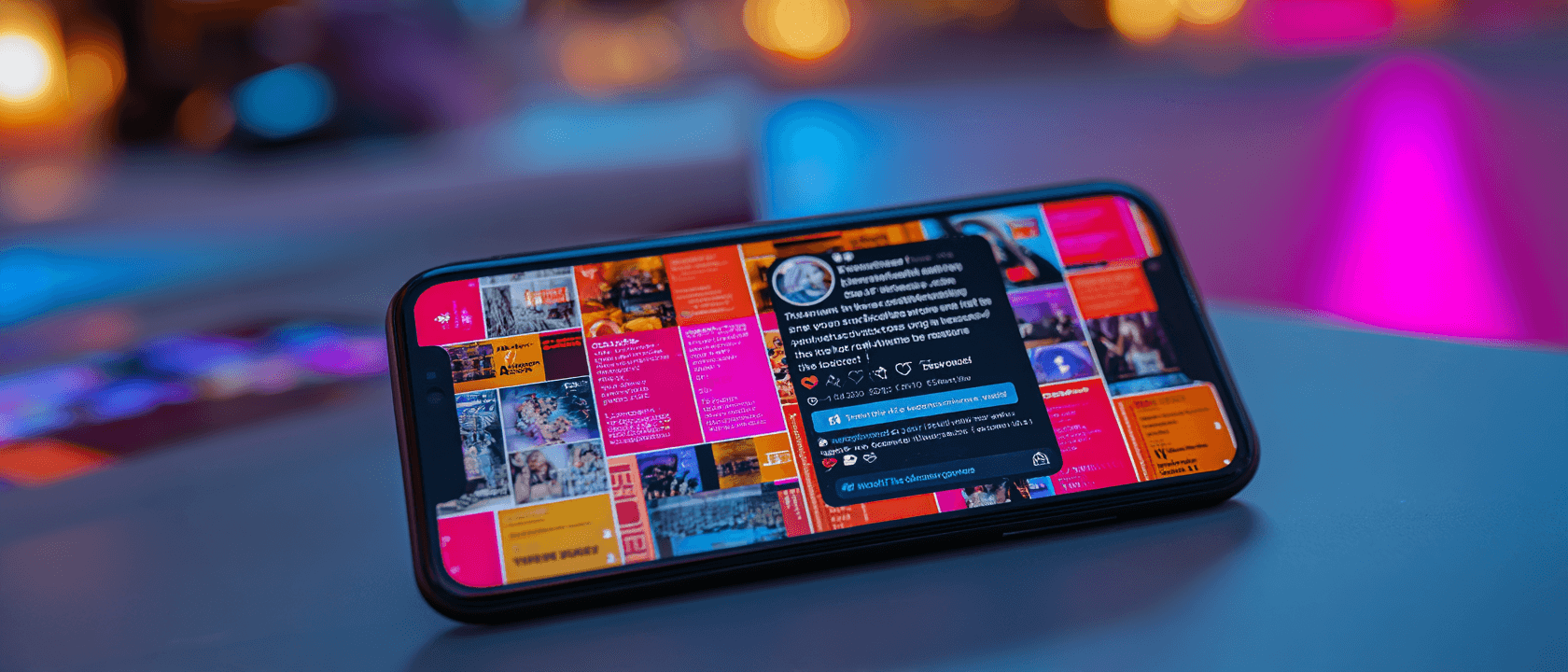 A smartphone displaying a vibrant, colorful interface with app icons on a table amidst dim, colorful lighting.