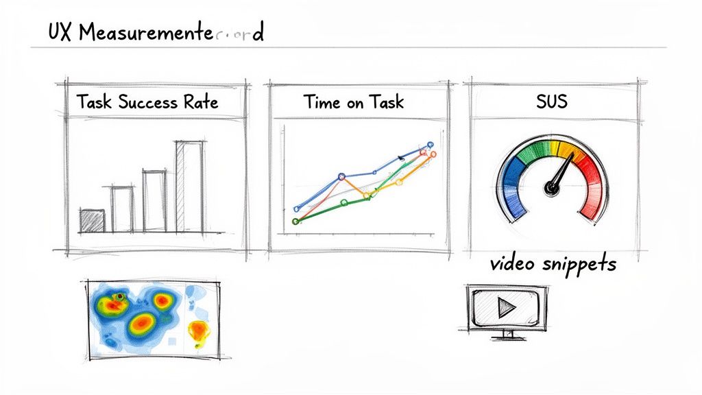 Hand-drawn UX measurement metrics including task success rate, time on task, SUS, heatmaps, and video snippets.