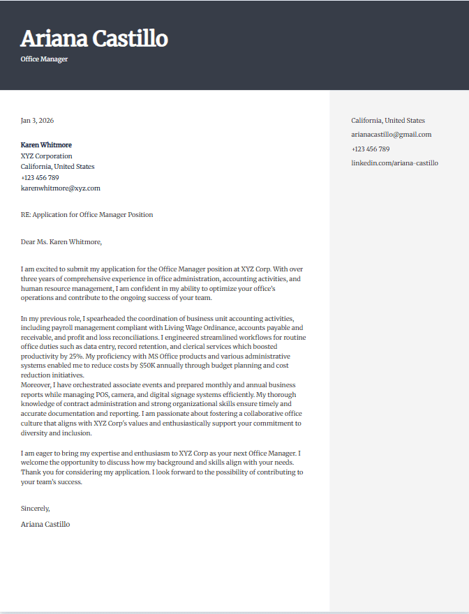 Cover letter example for office manager