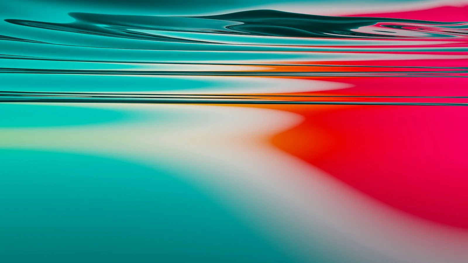 Abstract wide render of glossy liquid waves in teal and magenta blending through orange and white