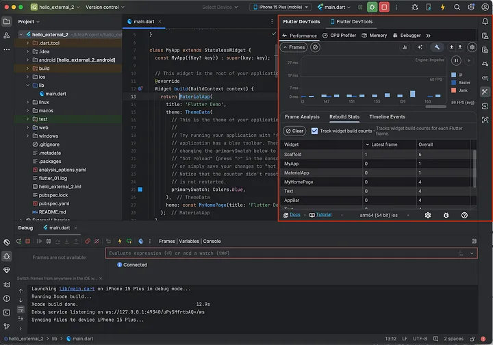 DevTools screens open inside Android Studio tool windows.
